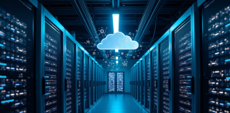 Intérieur d'un centre de données moderne avec serveurs lumineux et icônes cloud