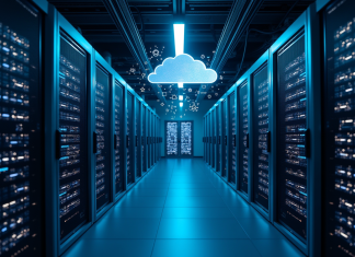Intérieur d'un centre de données moderne avec serveurs lumineux et icônes cloud