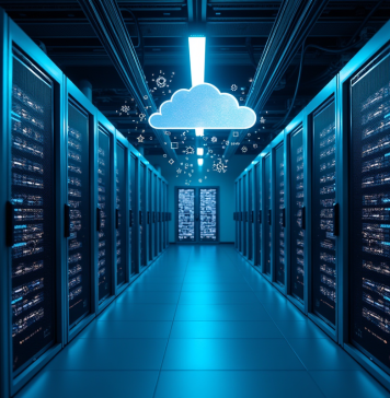Intérieur d'un centre de données moderne avec serveurs lumineux et icônes cloud