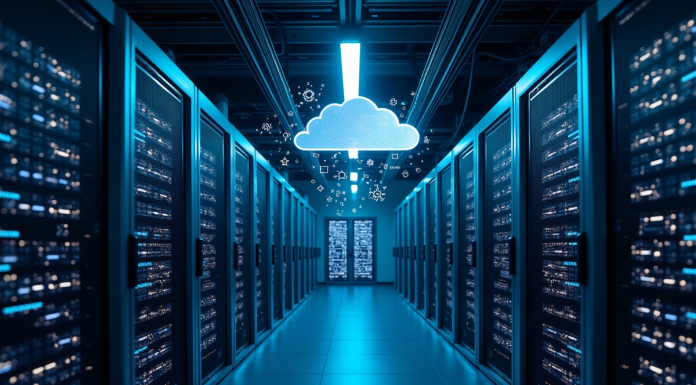 Intérieur d'un centre de données moderne avec serveurs lumineux et icônes cloud