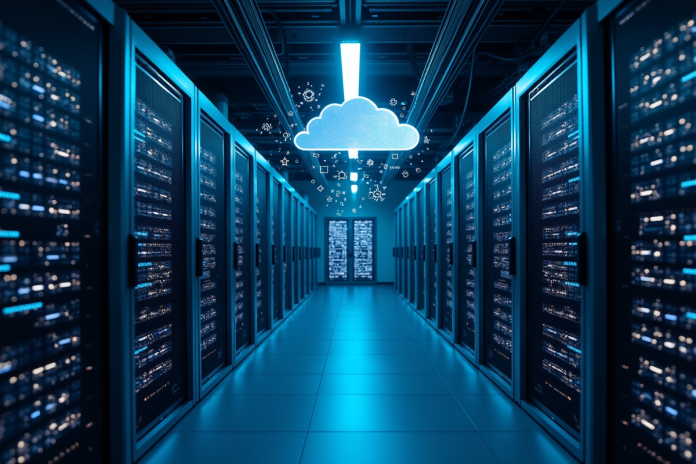 centre-donnees-informatique Intérieur d'un centre de données moderne avec serveurs lumineux et icônes cloud