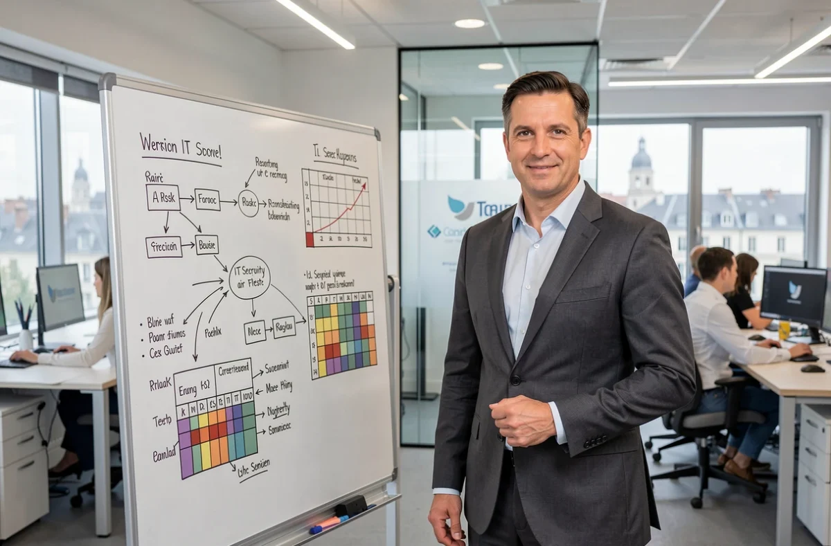 Un consultant CGI présente une architecture de sécurité informatique devant un tableau blanc dans un bureau de conseil