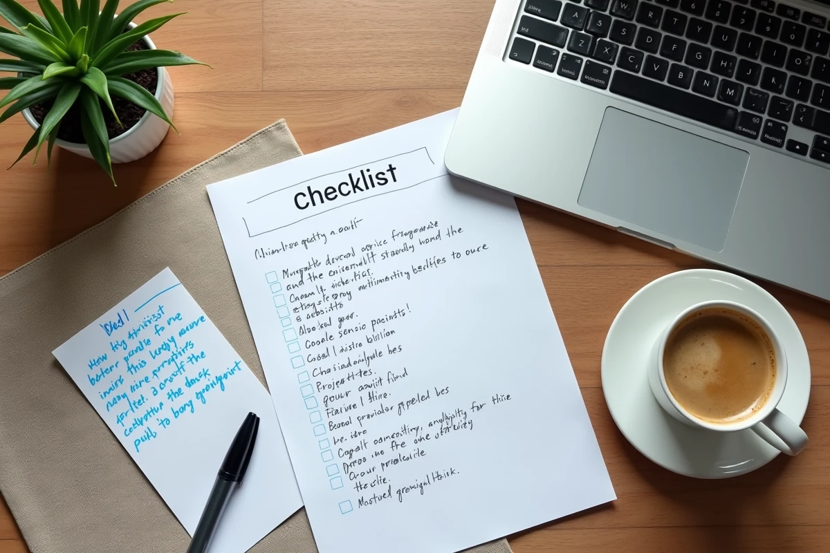 Vue aérienne d'un bureau avec checklist d'audit de site web et analytics pour choisir le bon webmaster