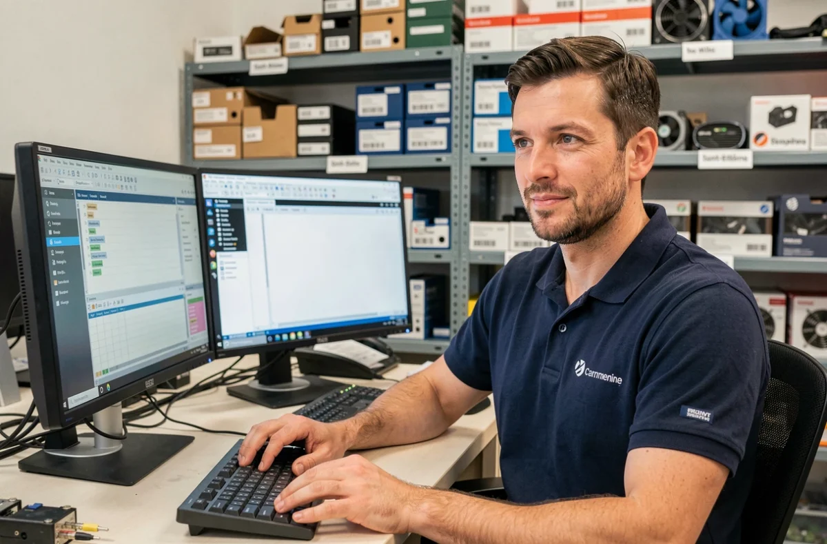 Technicien informatique de CIM Informatique à Saint-Etienne effectuant une opération de maintenance sur un poste de travail