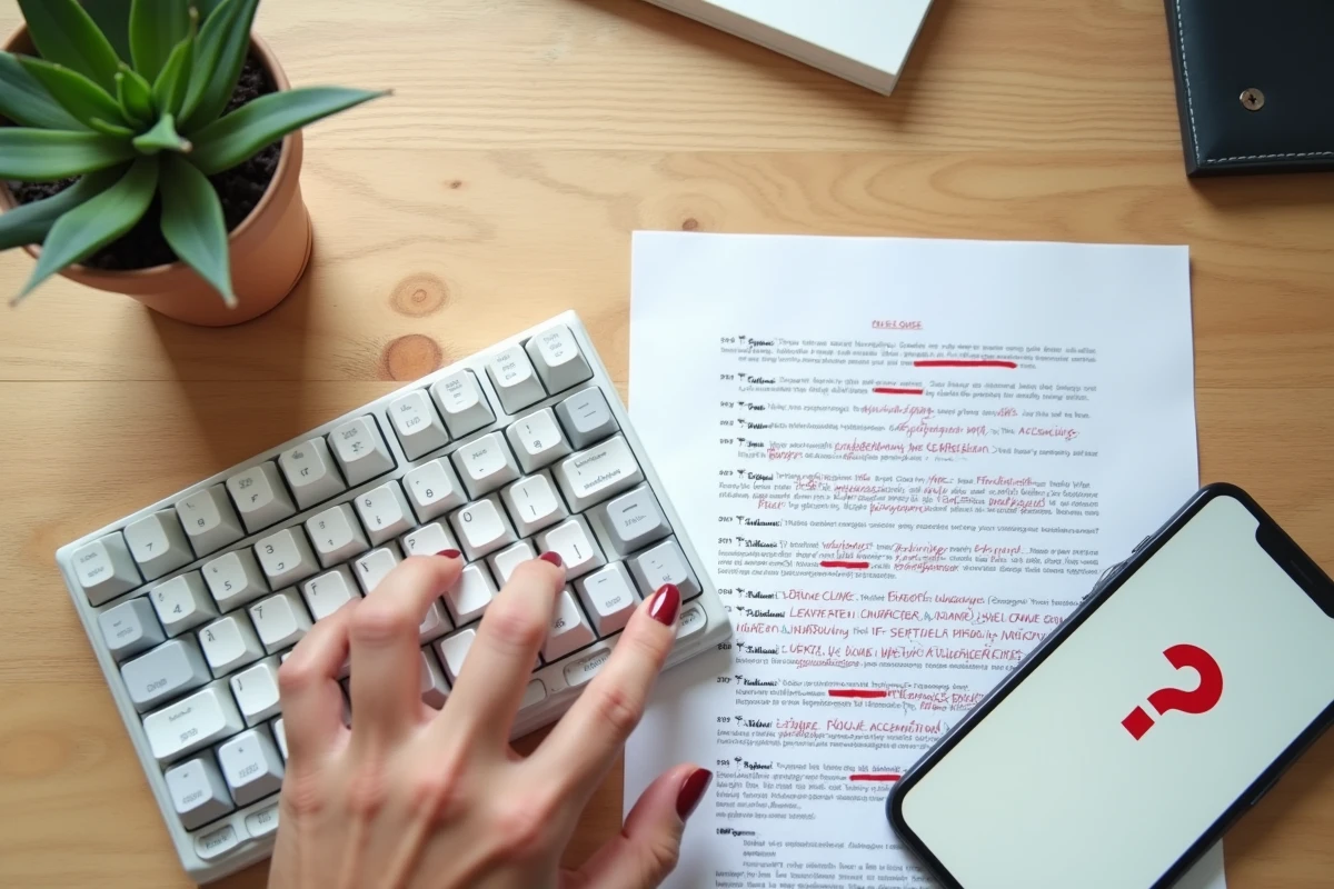 Vue de dessus d'un clavier m&eacute;canique et d'un document imprim&eacute; avec des corrections manuscrites sur des caract&egrave;res accentu&eacute;s mal affich&eacute;s