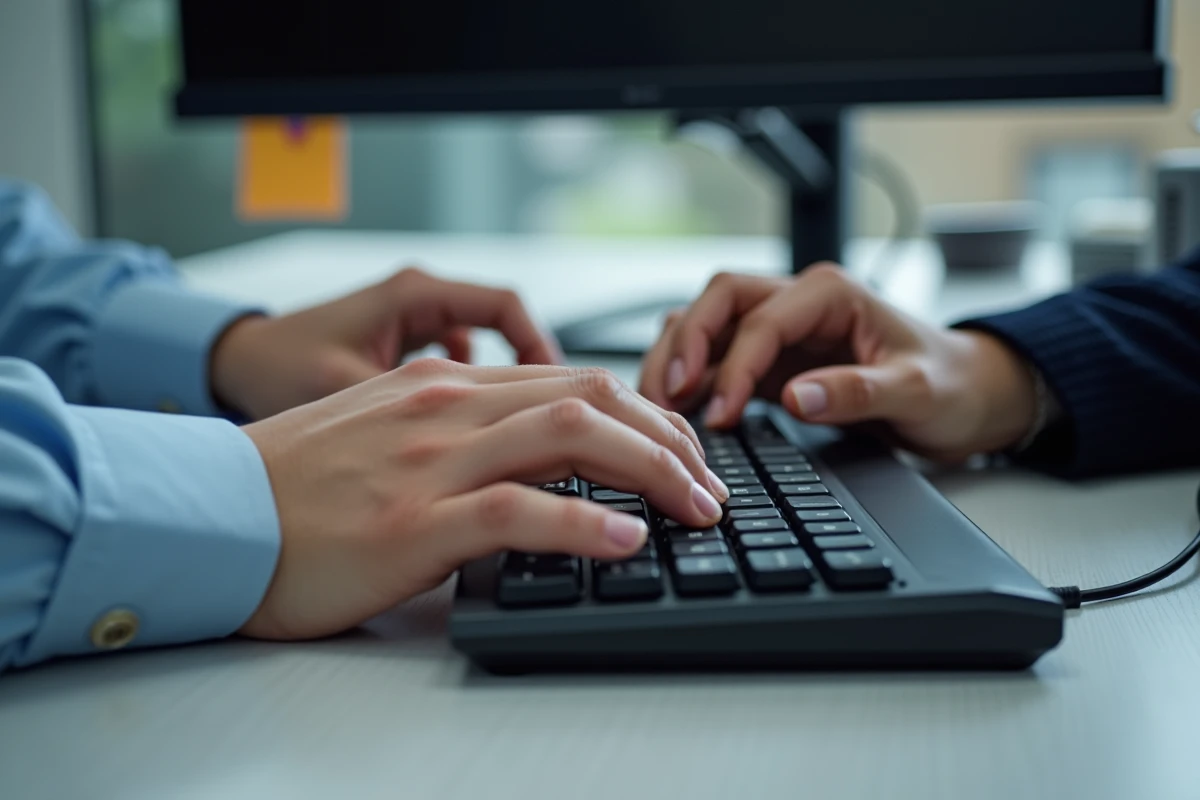 Deux utilisateurs partageant un même clavier de bureau, illustrant le besoin d'inverser la disposition sans affecter l'autre personne
