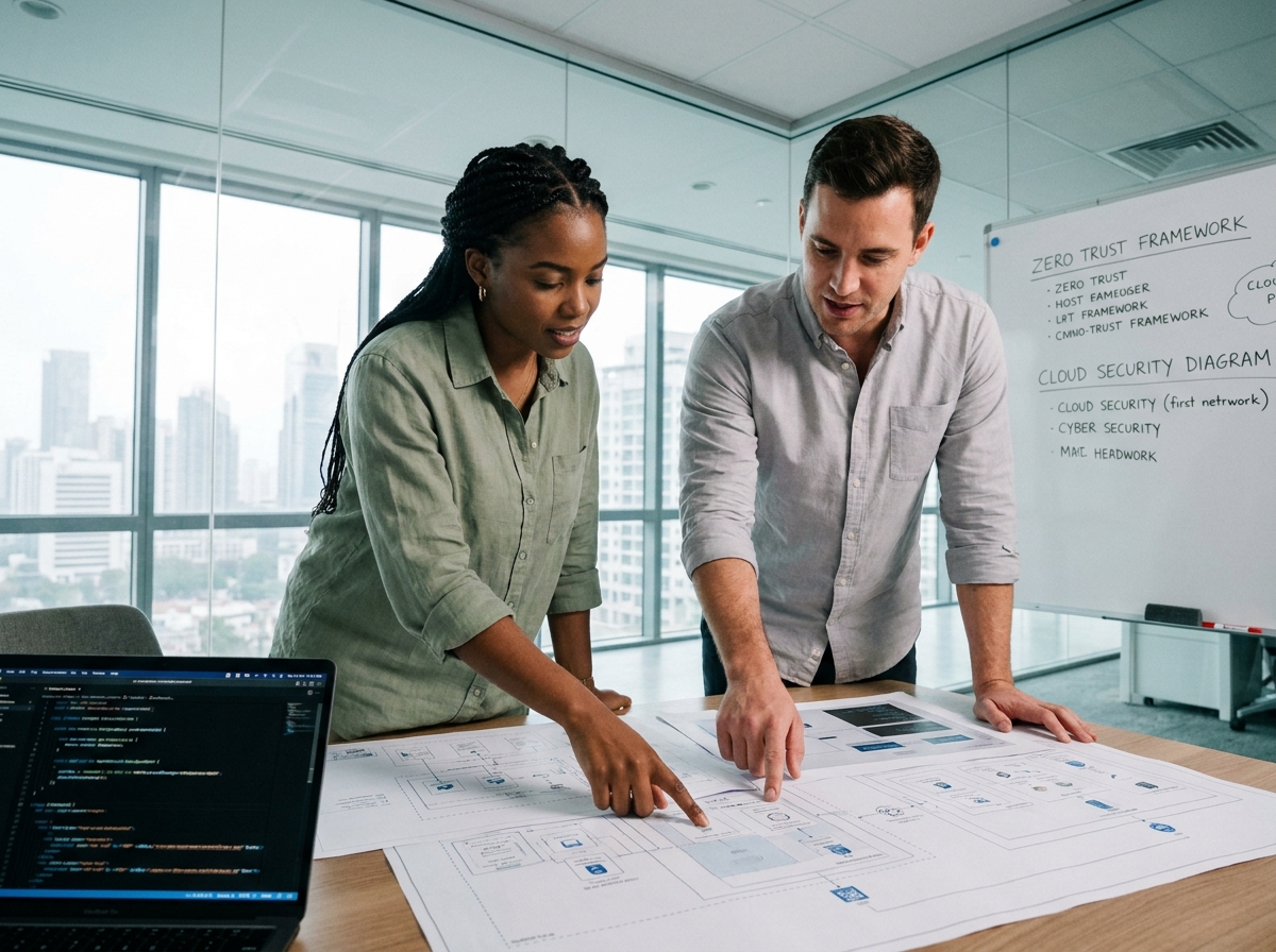 Deux professionnels IT collaborant sur des schémas d'architecture réseau et des stratégies d'automatisation de la cybersécurité en salle de réunion