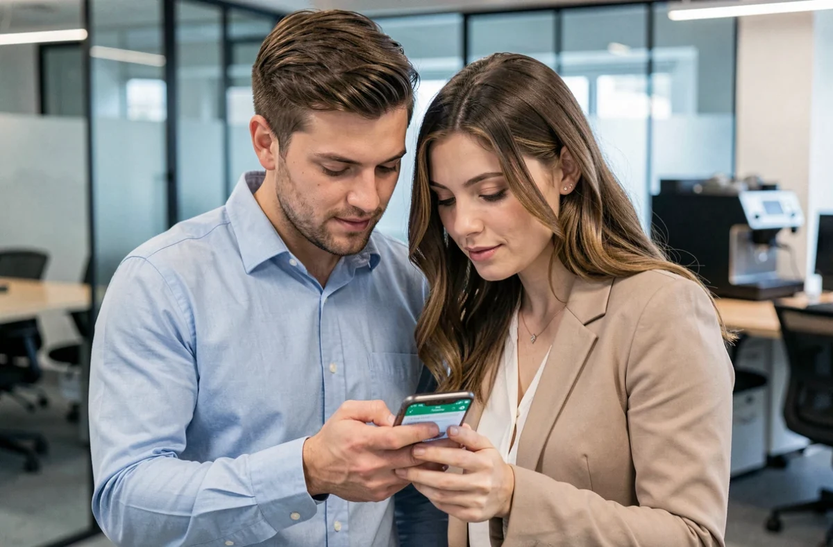 Deux collègues consultent les options de messages programmés WhatsApp sur un smartphone dans un espace de travail moderne
