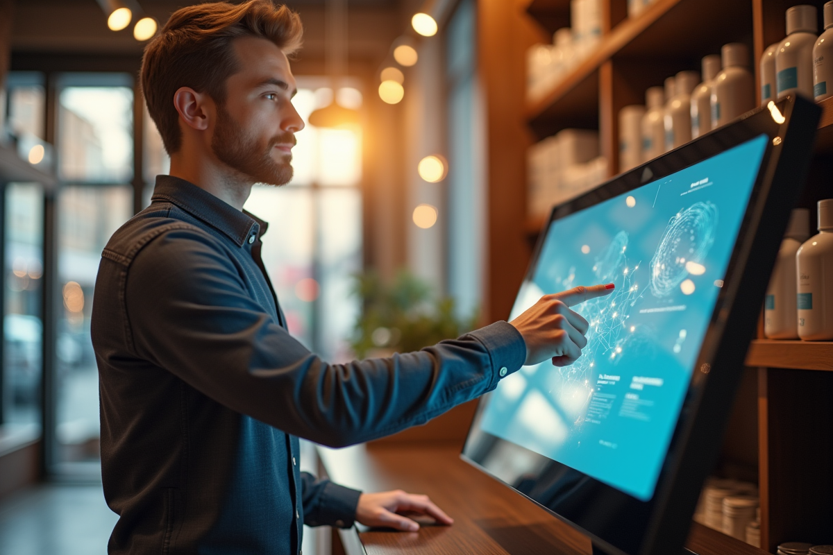 Commercant utilisant un ecran tactile AI dans une boutique lumineuse