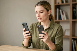Femme comparant deux modèles d'iPhone côte à côte dans un bureau minimaliste à domicile