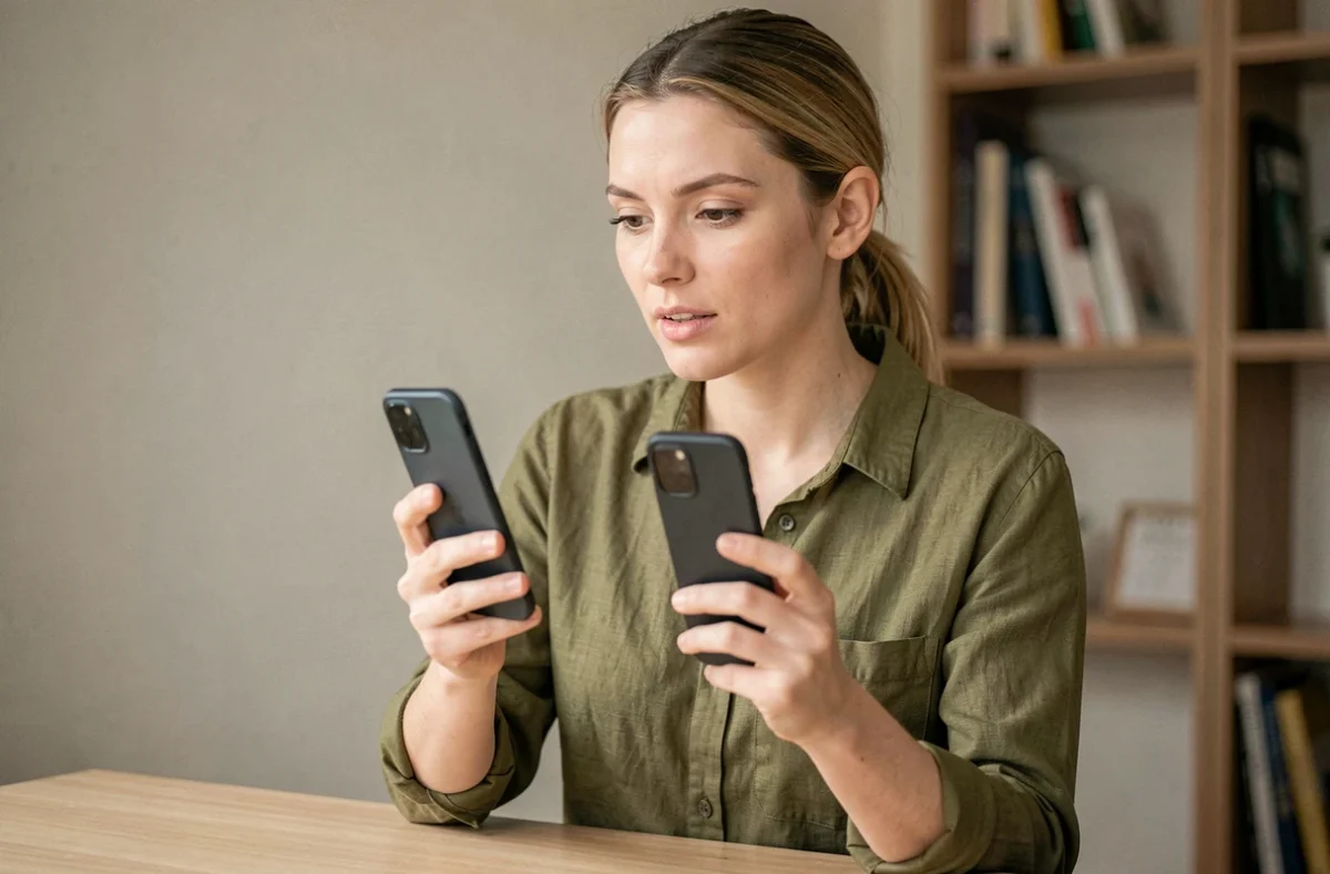 Femme comparant deux modèles d'iPhone côte à côte dans un bureau minimaliste à domicile