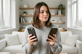 Femme comparant un iPhone SE et un iPhone 16 côte à côte dans un salon moderne