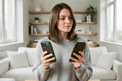 Femme comparant un iPhone SE et un iPhone 16 côte à côte dans un salon moderne