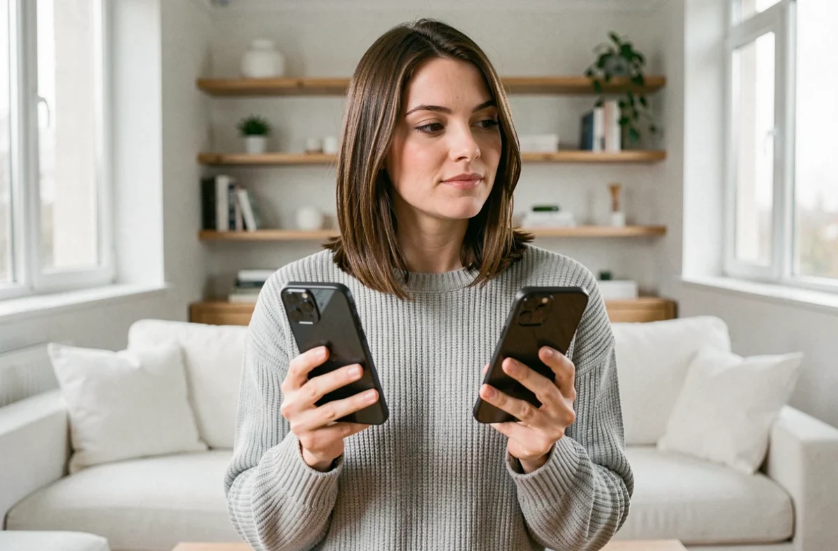 Femme comparant un iPhone SE et un iPhone 16 côte à côte dans un salon moderne