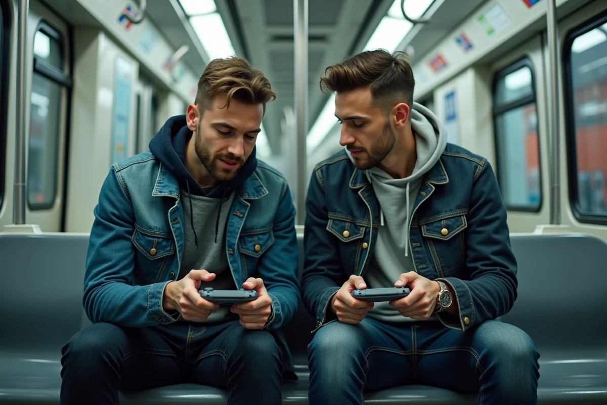 Deux amis comparant leurs consoles portables Sony dans le métro