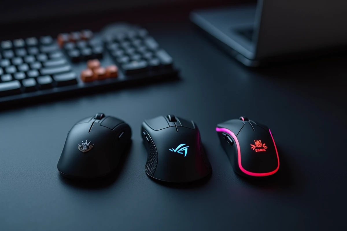 Comparatif de trois souris gaming sans fil posées côte à côte sur fond noir en vue de dessus