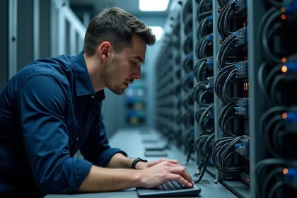 Ingénieur réseau configurant les paramètres DNS TCP dans une salle de serveurs d'entreprise
