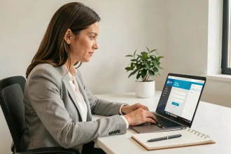 Femme professionnelle accédant à son espace personnel Cegidlife sur un ordinateur portable au bureau