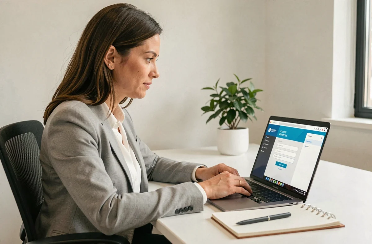 Femme professionnelle accédant à son espace personnel Cegidlife sur un ordinateur portable au bureau