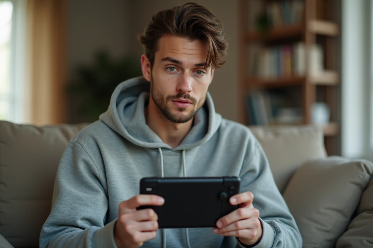 Jeune homme tenant une console portable Sony en jouant dans un salon moderne