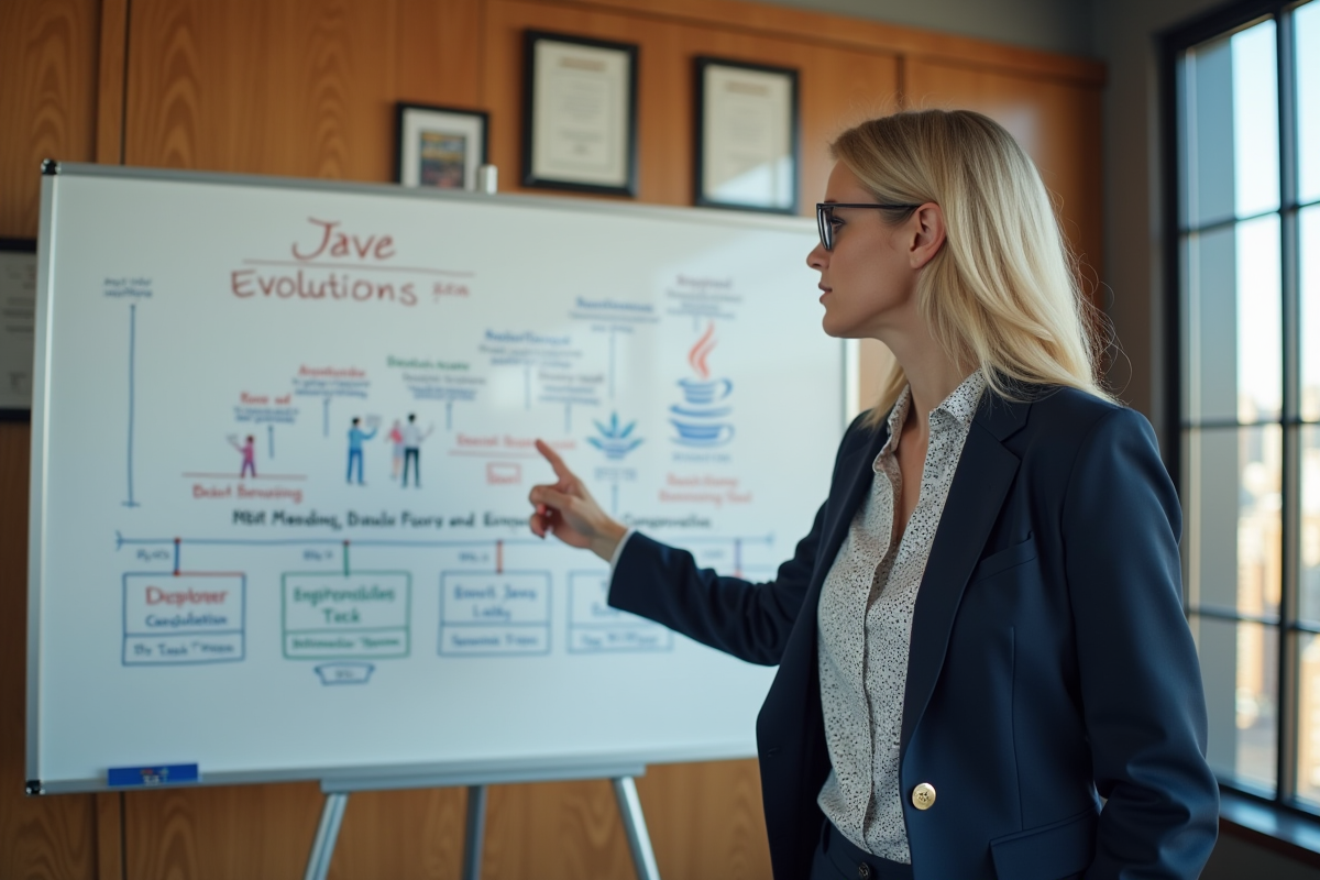 Consultante informatique expliquant un diagramme sur whiteboard