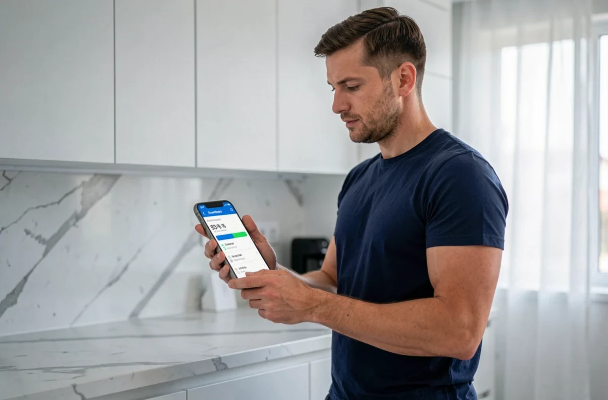 Homme vérifiant la taille de téléchargement d'un film en gigaoctets sur son smartphone dans une cuisine moderne