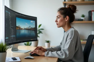 Jeune femme convertissant des fichiers JPG en PDF sur un ordinateur de bureau dans un home office minimaliste