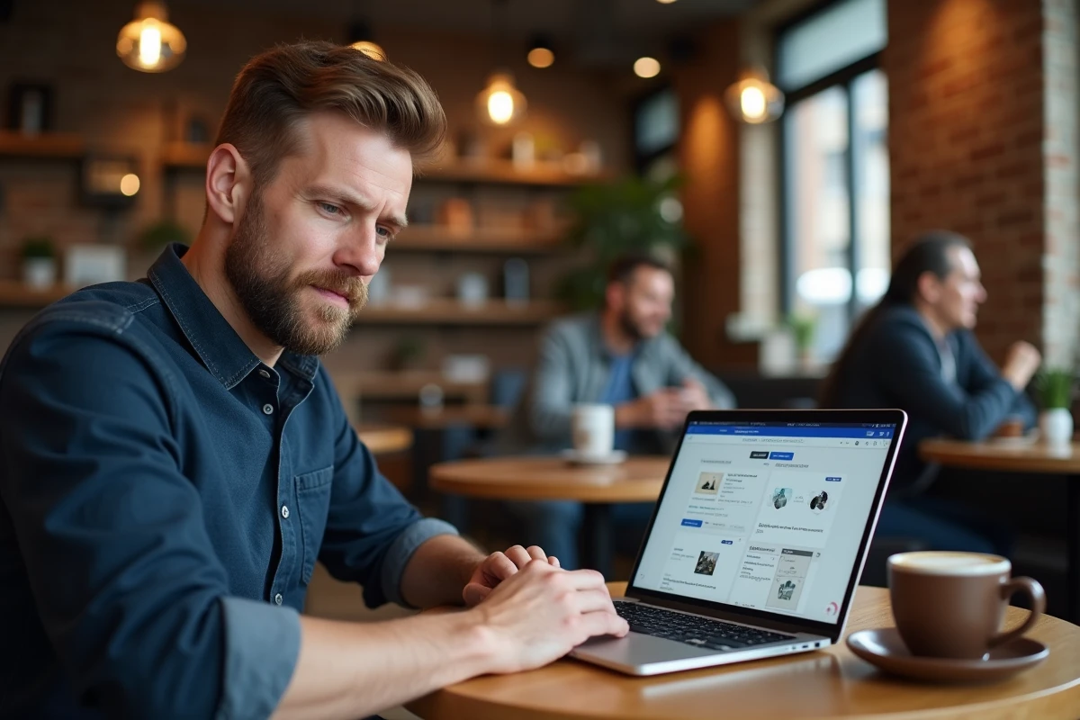 Homme travaillant sur la conversion de fichiers JPG en PDF depuis un café avec un laptop