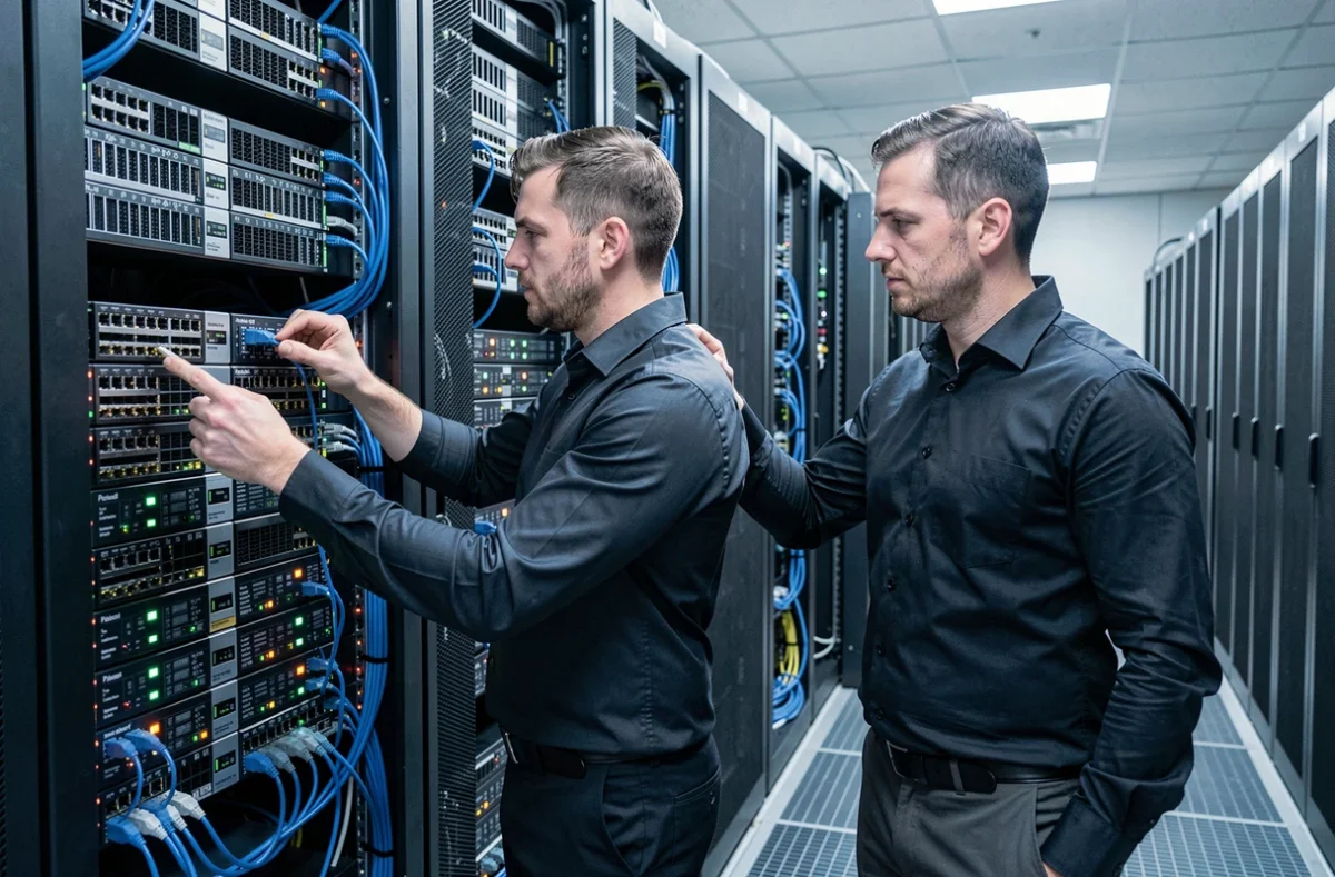 Ingénieurs réseau CSIIM installant des équipements dans une salle serveurs professionnelle
