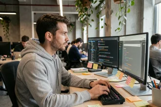 Développeur web consultant une recherche Google sur barrel roll dans un bureau moderne en 2026