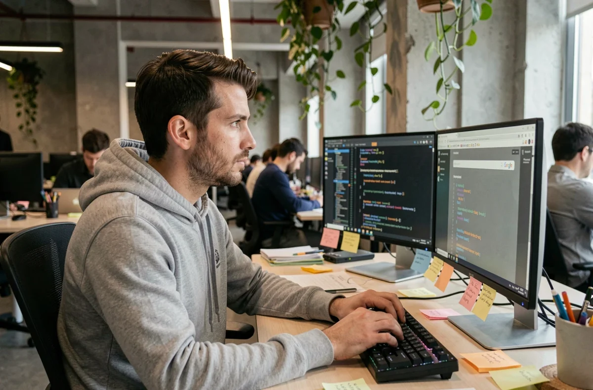 Développeur web consultant une recherche Google sur barrel roll dans un bureau moderne en 2026