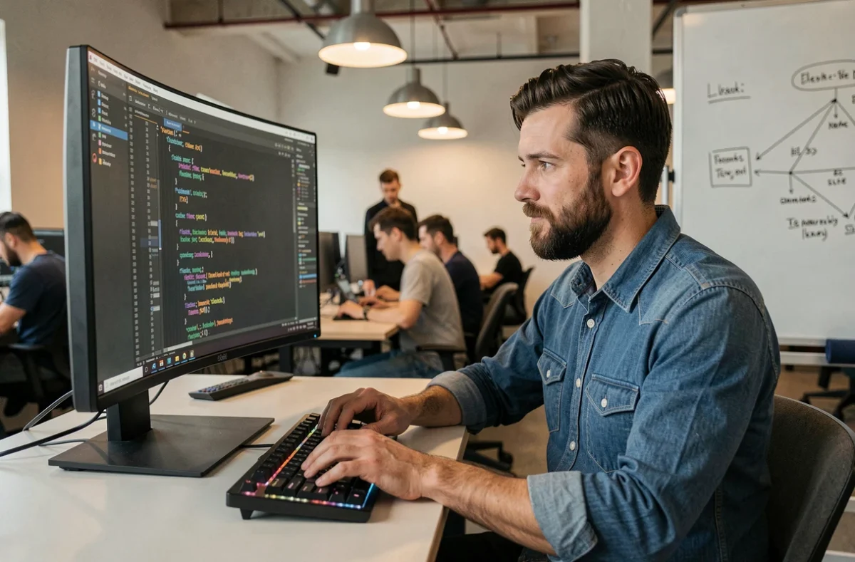 Développeur web masculin analysant du code CSS responsive sur un écran ultrawide dans un espace de coworking