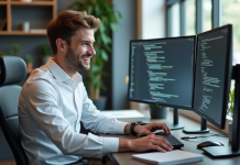 Jeune developpeur Java au bureau avec deux ecrans