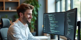 Jeune developpeur Java au bureau avec deux ecrans