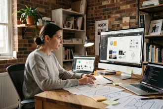 Développeuse web féminine étudiant des maquettes de responsive design sur plusieurs écrans dans un bureau moderne