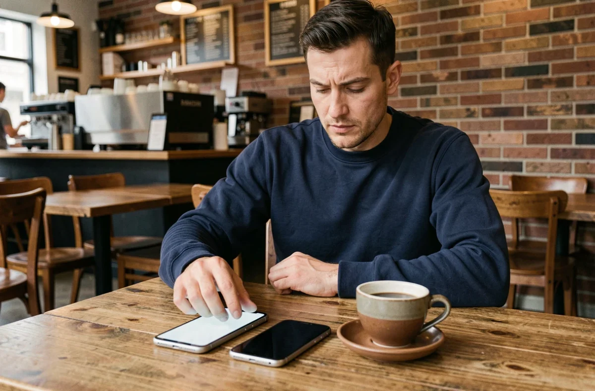 Homme comparant la taille de l'iPhone 16 et de l'iPhone 16 Plus posés sur une table de café