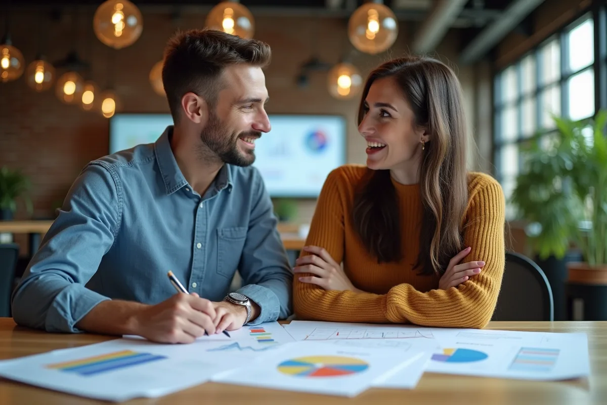 Deux professionnels discutant de tests ab avec graphiques