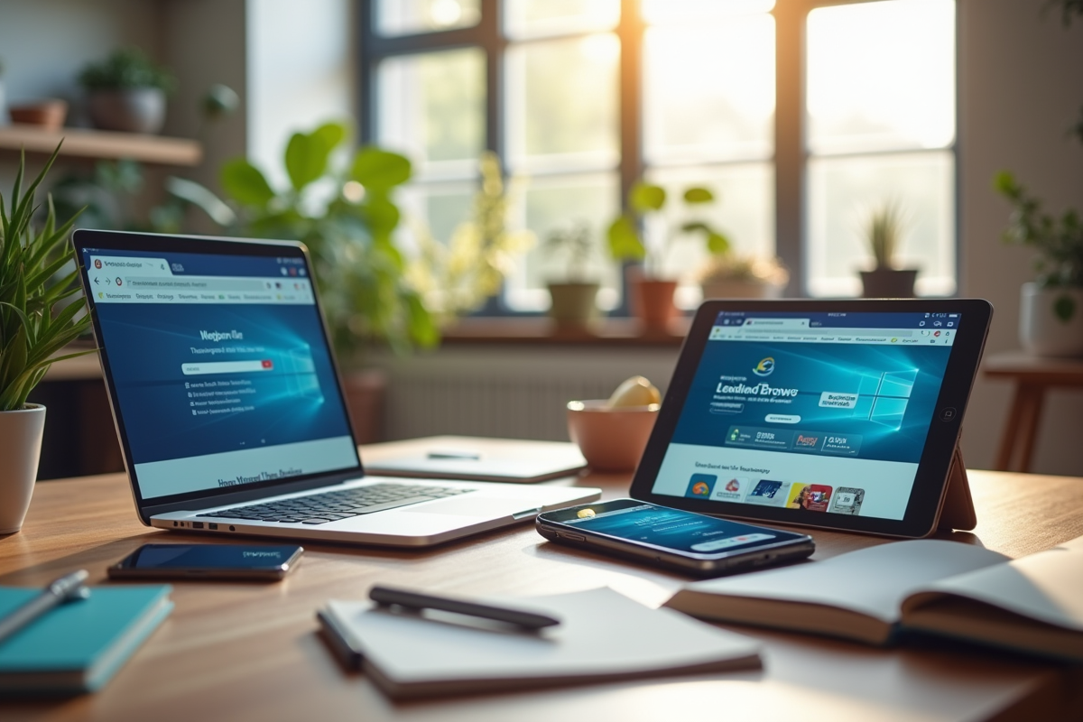 Trois appareils affichant des navigateurs web principaux