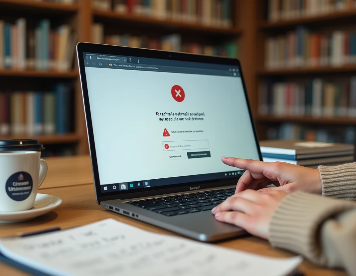 Gros plan sur un écran d'erreur de connexion à la messagerie académique Amiens avec mains sur le clavier