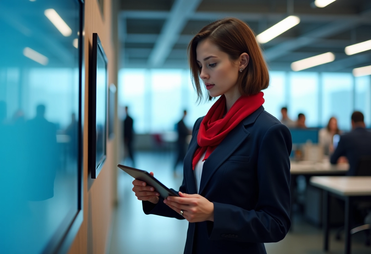 Jeune employée d airline consulte une tablette dans la salle de pause