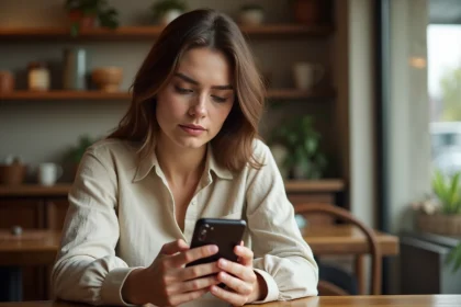 Jeune femme consultant discrètement des stories Instagram sur son smartphone dans un café