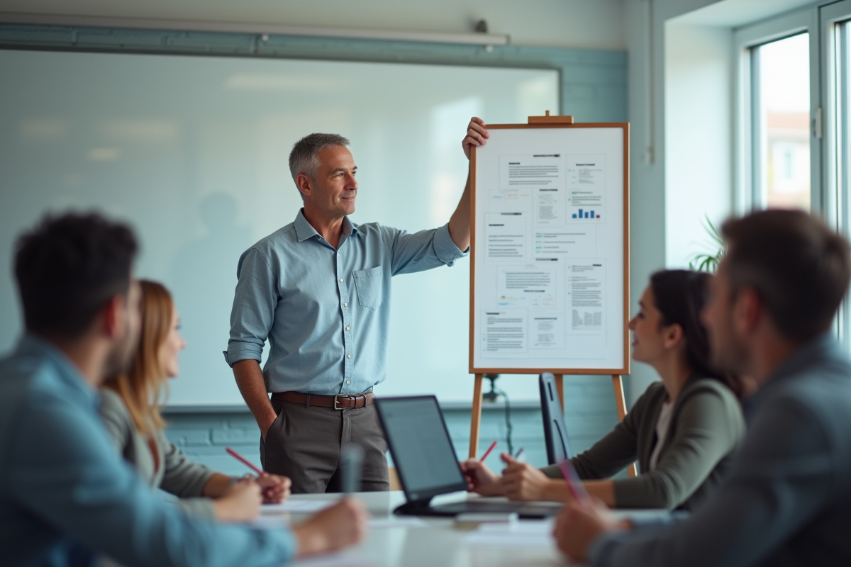 Enseignant montrant un poster imprimé à ses étudiants