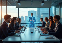 Groupe de professionnels collaborant avec une assistante AI dans un bureau moderne