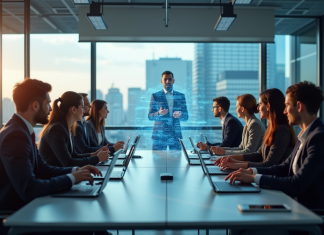 Groupe de professionnels collaborant avec une assistante AI dans un bureau moderne