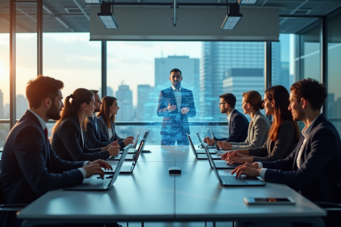 Groupe de professionnels collaborant avec une assistante AI dans un bureau moderne