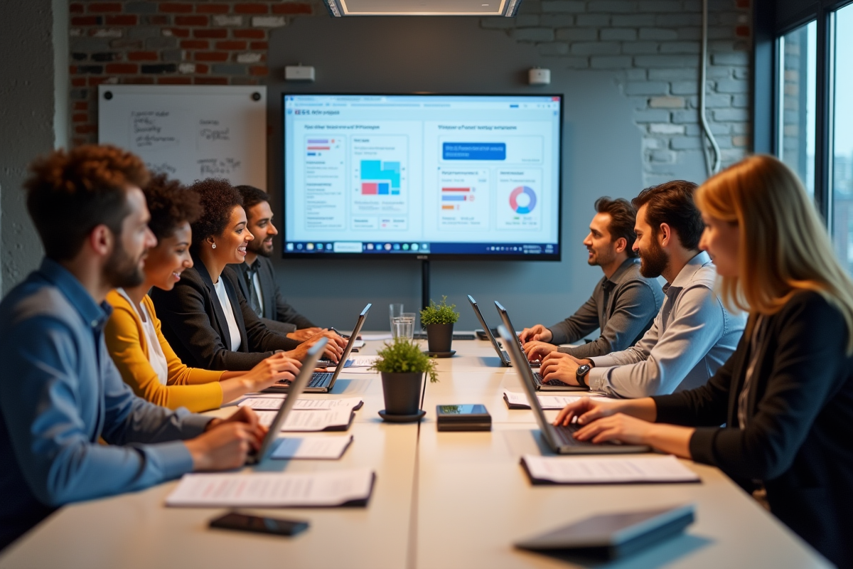 Groupe diversifié de professionnels collaborant sur des outils SEO