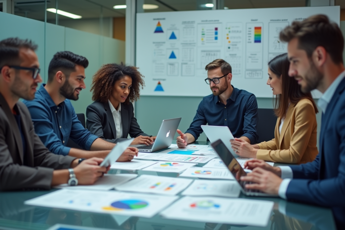 equipe-collaborative-bureau Groupe de professionnels en réunion dans un bureau moderne