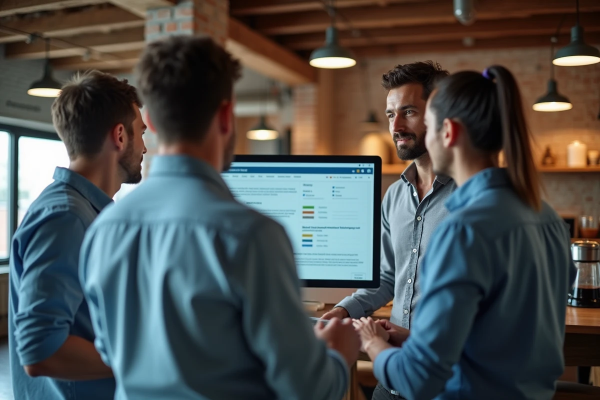 Groupe de professionnels discutant autour d un ecran