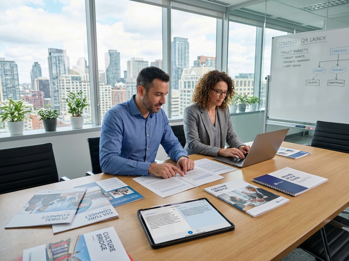 Équipe marketing et traducteur collaborant autour de documents multilingues dans une salle de réunion vitrée, soulignant la valeur des traducteurs qualifiés pour les stratégies de communication globale