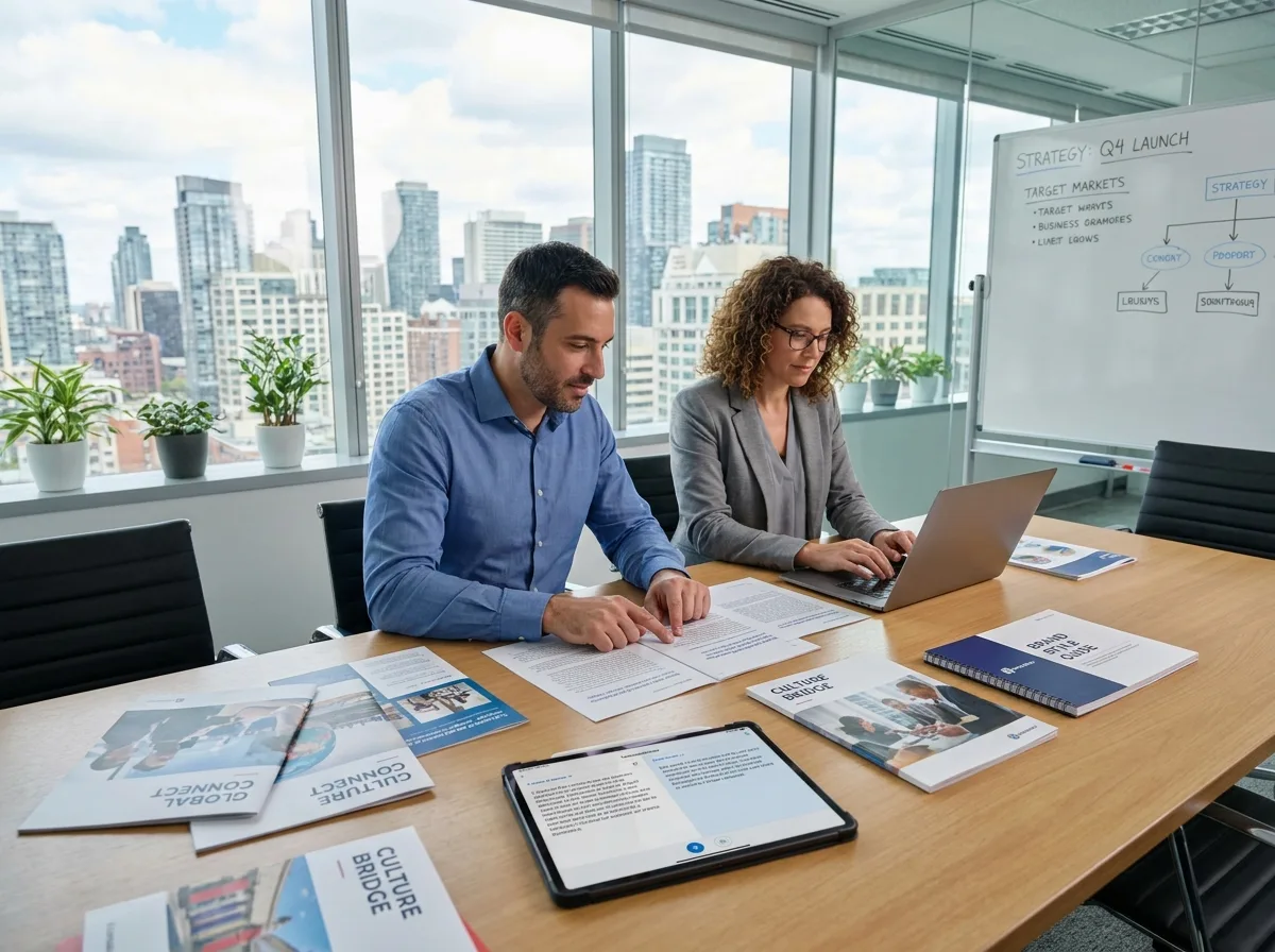Équipe marketing et traducteur collaborant autour de documents multilingues dans une salle de réunion vitrée, soulignant la valeur des traducteurs qualifiés pour les stratégies de communication globale